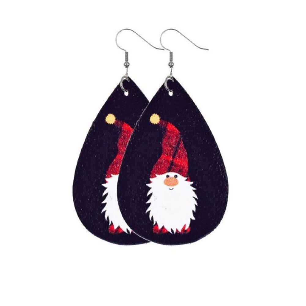 Gnome with‎ Plaid Hat Christmas Vegan Leather Teardrop Earrings
